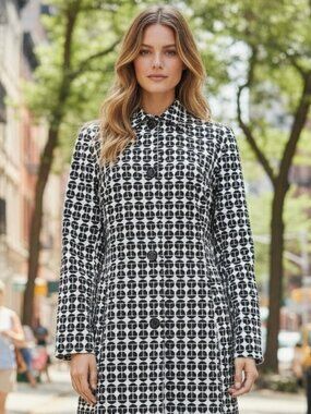 NINE WEST Black White Topper Long Jacket XS Peacoat Driving Coat Retro Mod Vibe